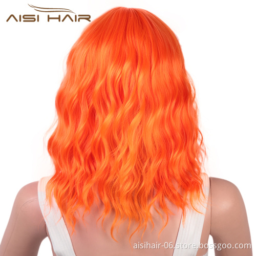 Aisi Hair Wholesale Top Quality Orange Short Bob Wig With Neat Bangs Synthetic Short Curly Wave Wigs For Black Women